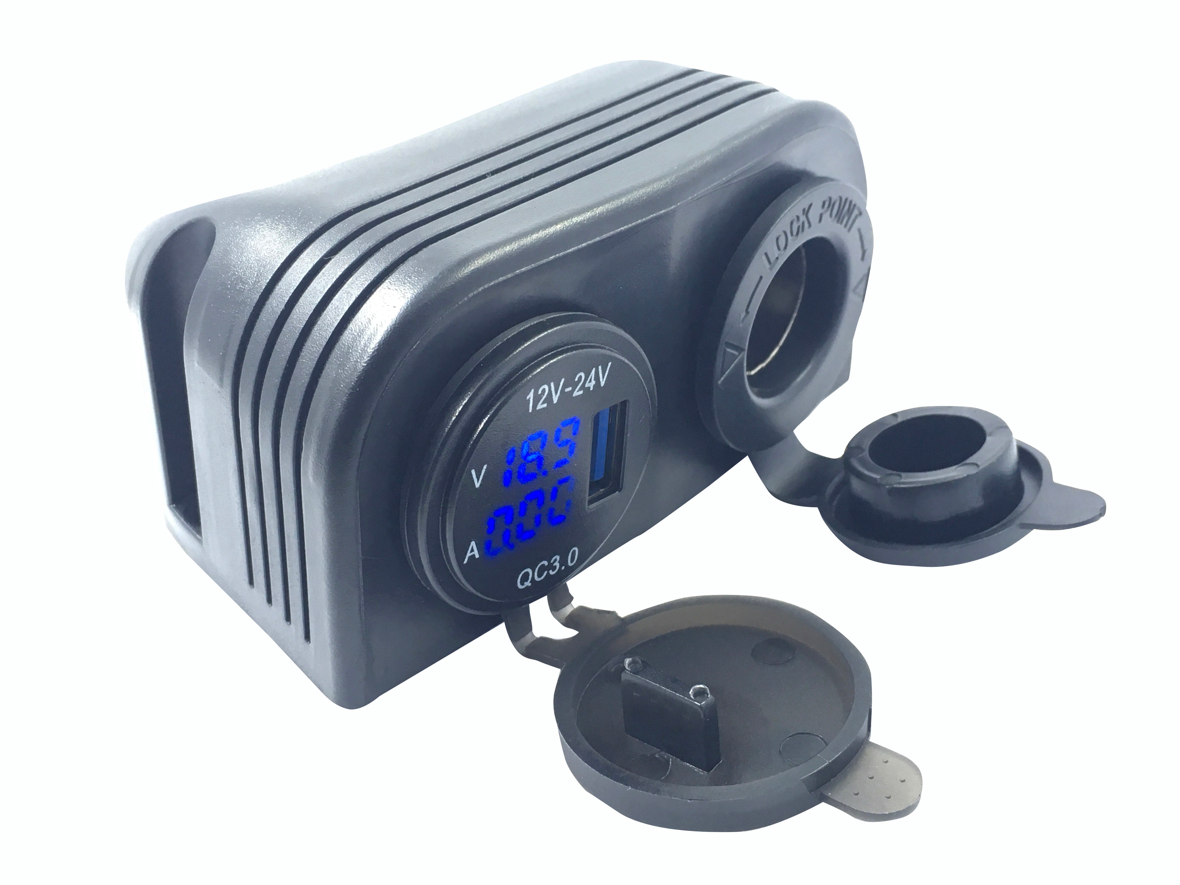 Black Surface Mount Dual USB Volt and Amp meter with Socket