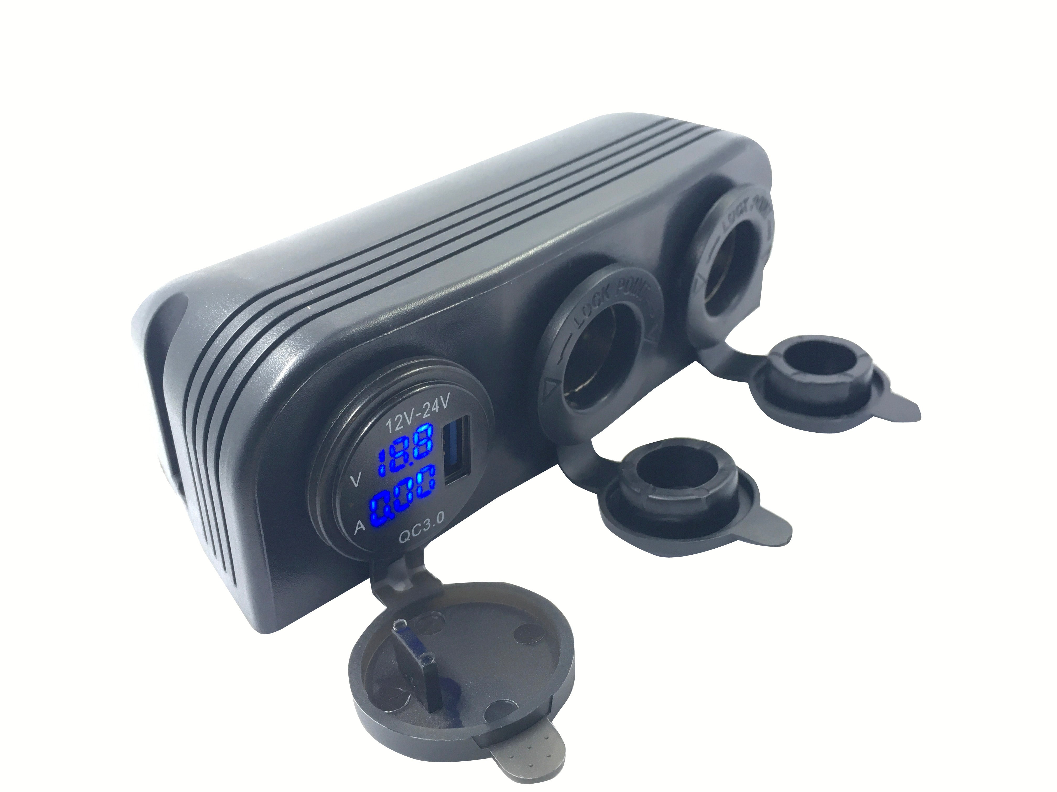 Black USB Surface Mount Triple Sockets with Volt and Amp meter and usb port