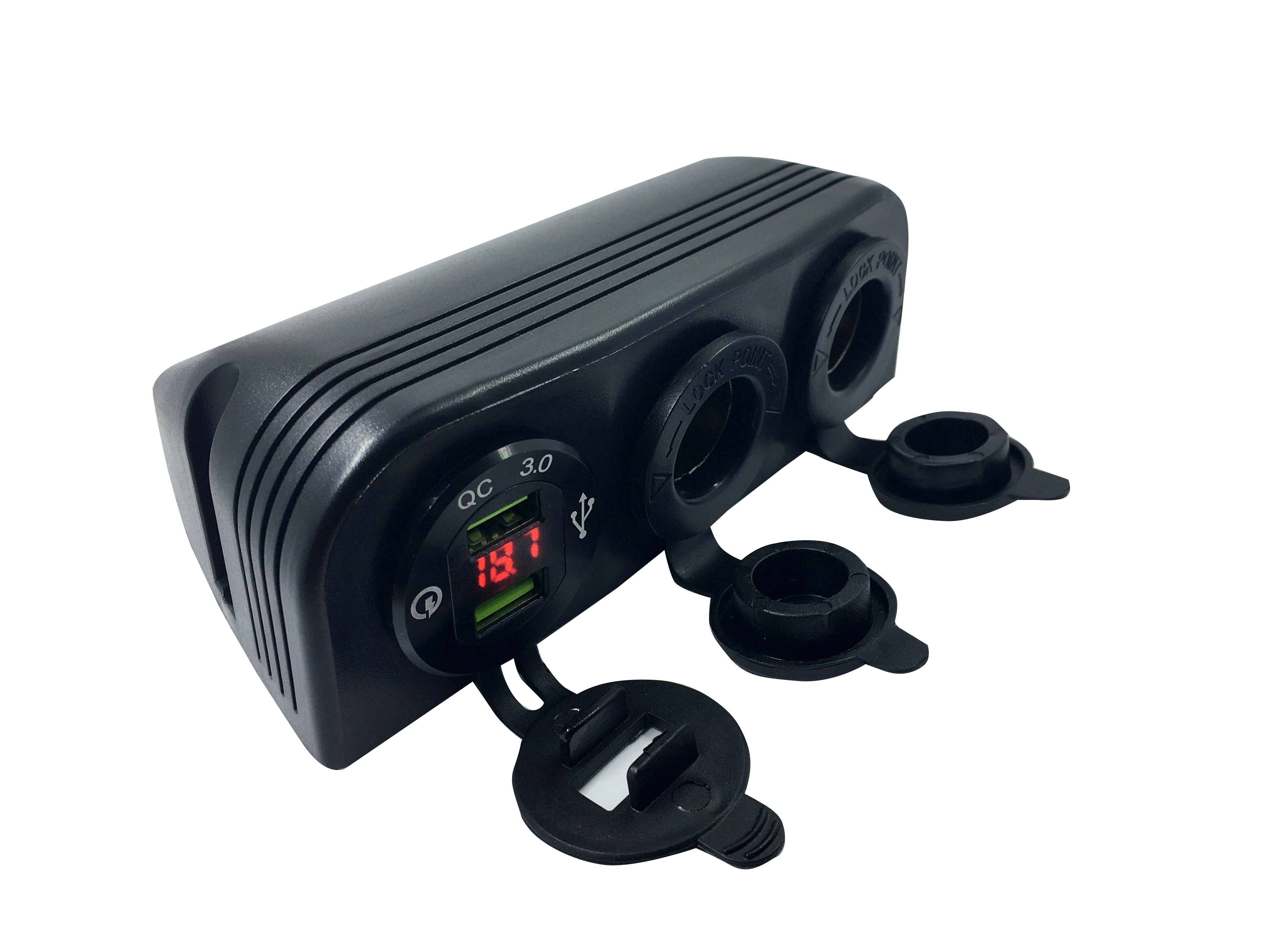 Black USB Surface Mount Triple Sockets with Quick Charge QC 3.0 Voltmeter