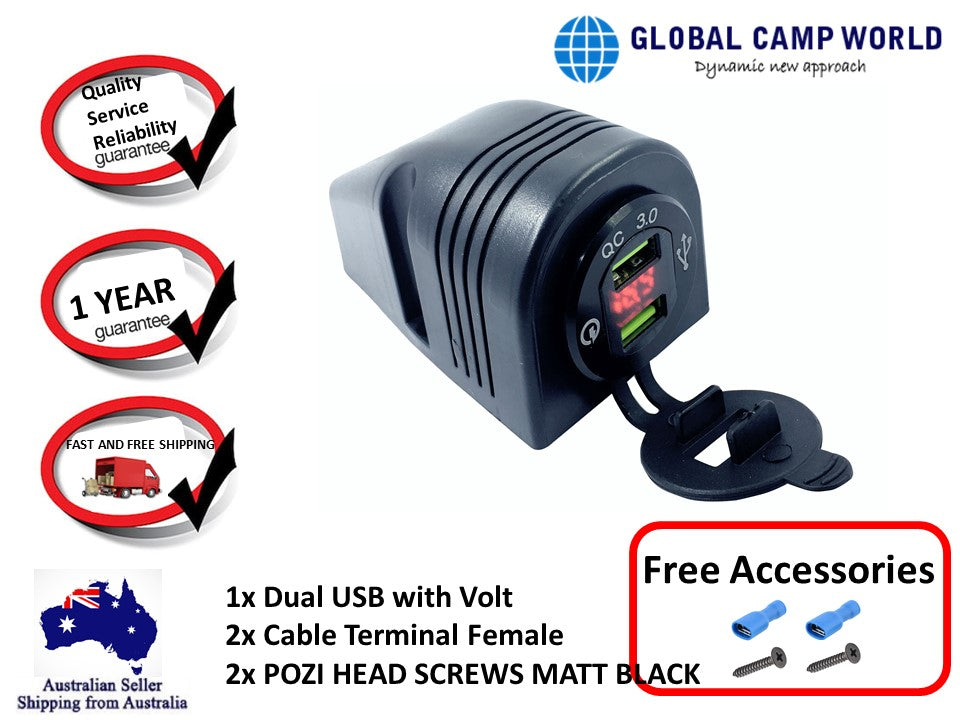 Black USB Surface Mount Quick Charge QC 3.0 Voltmeter with Dual USB