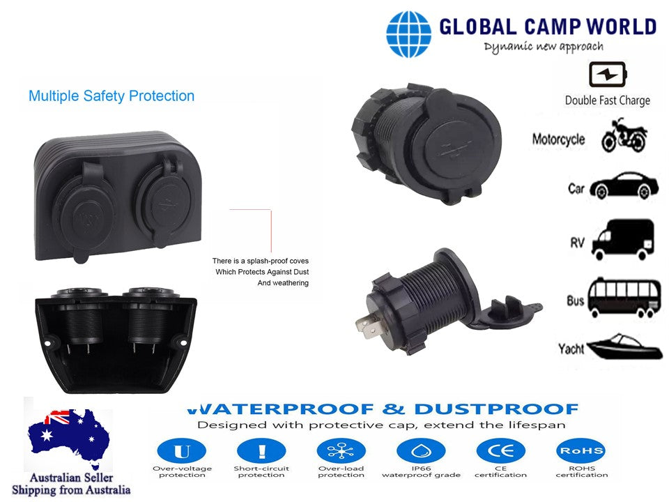 Black Surface Mount Dual USB Volt and Amp meter with Socket