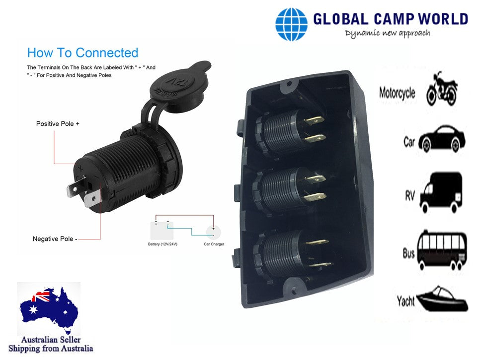 Black USB Surface Mount Triple Sockets with Volt and Amp meter and usb port