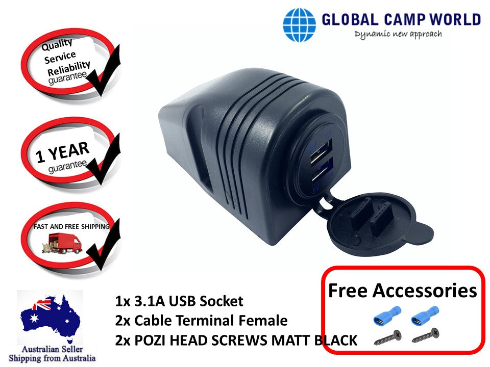 Black USB Surface Mount Charger Socket Double USB 3.1A with Led