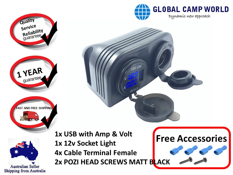 Black Surface Mount Dual USB Volt and Amp meter with Socket